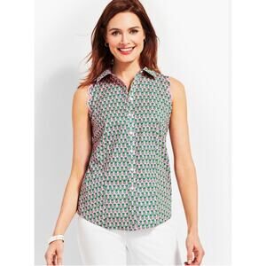 Talbots Pink & Green Pineapple Scalloped Sleeveless Collared Button Down Top 6